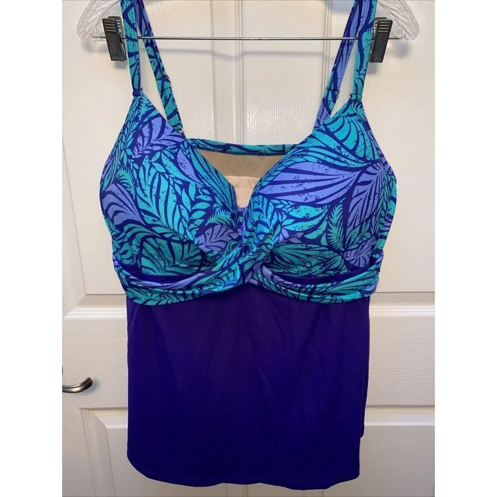 b womens SWIMSUITS FOR ALL casual blue floral plus size swimsuit top 42DD EUC!!